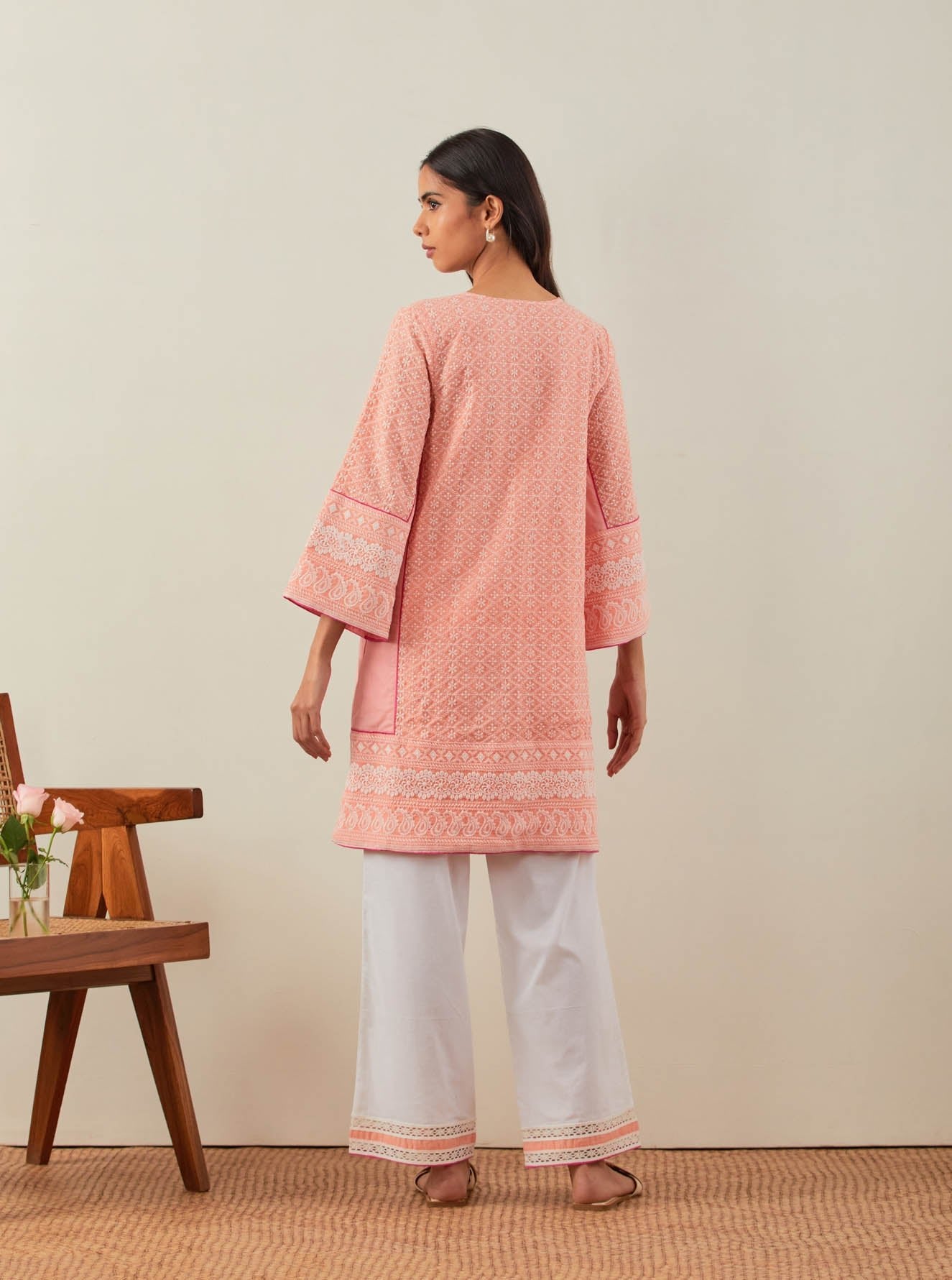 Peach Chikankari Pak Wide Arm Kurta - The Indian Cause