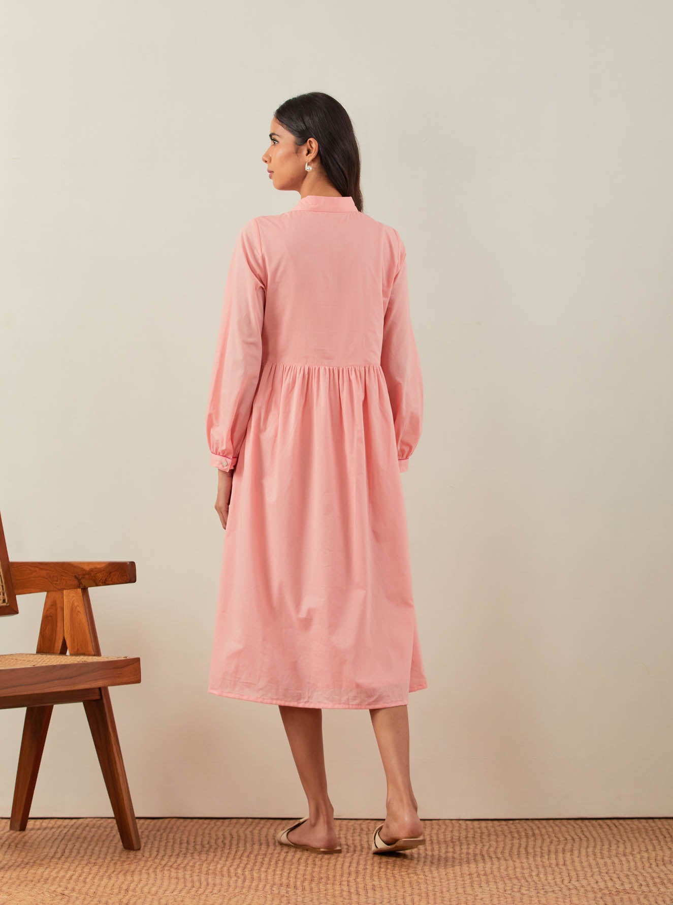 Peach Plain Zaid Collared Long Dress With Chikankari Yoke - The Indian Cause