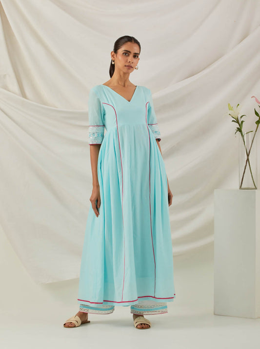 Blue Plain Markab Anarkali Kurta With Chikankari Border - The Indian Cause