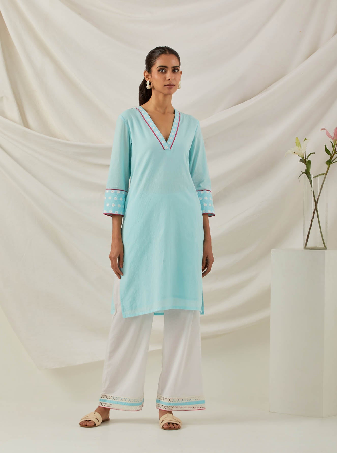 Blue Plain Kali Short Kurta With Chikankari Detail and Palazzo with lace detail (Set of 2) - The Indian Cause