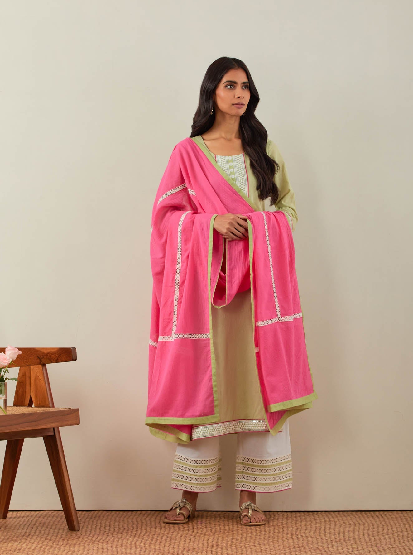 Green Plain Rozana Straight Kurta With Chikankari Placket and Palazzo with wide lace detail (Set of 2) - The Indian Cause