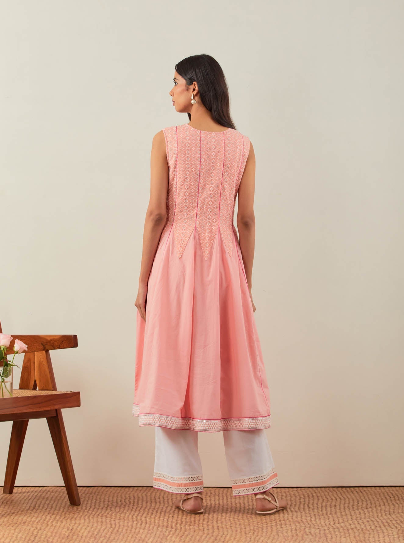 Peach Chikankari Mastani Kalidar A-Line Kurta and Palazzo with lace detail (Set of 2) - The Indian Cause