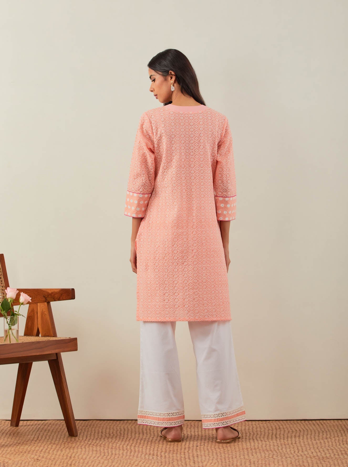 Peach Chikankari Kali Short Kurta and Palazzo with lace detail (Set of 2) - The Indian Cause