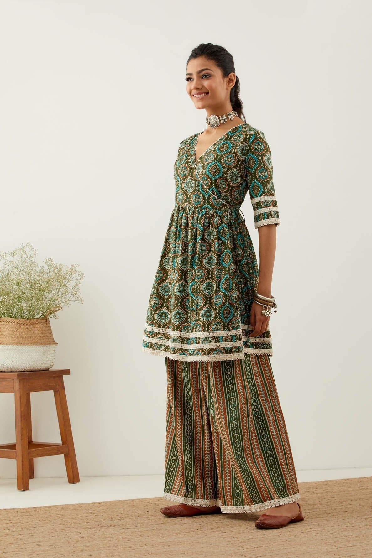 Green Cotton Printed Short Angrakha Kurta Set (Set of 3) - The Indian Cause