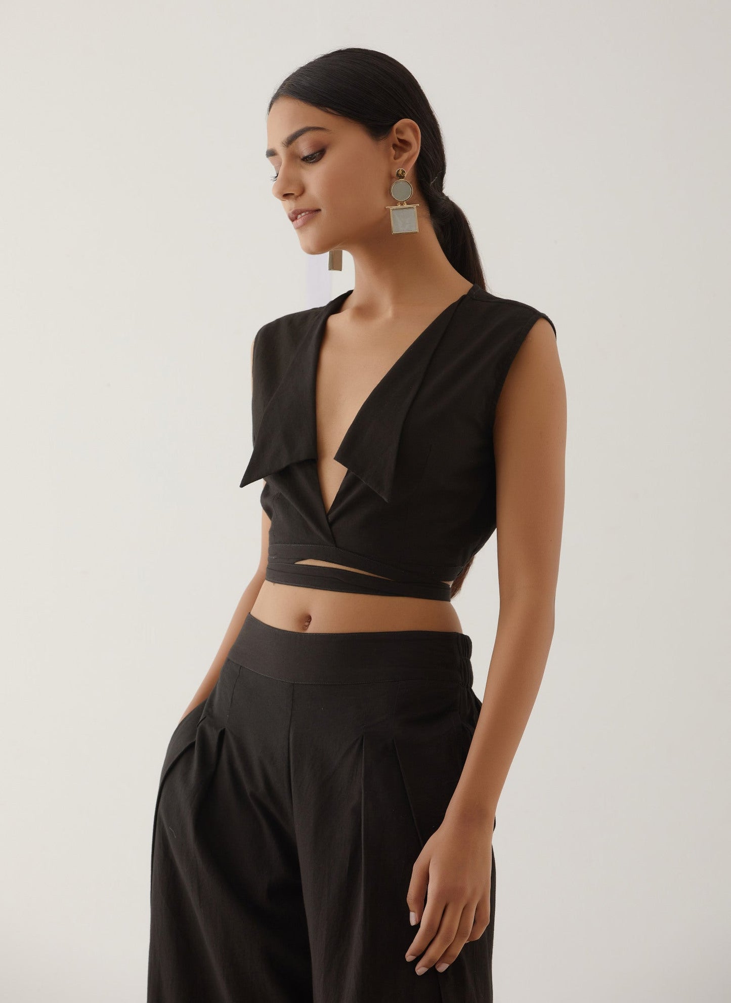 Black Collared Crop Top Co-Ord Set - The Indian Cause