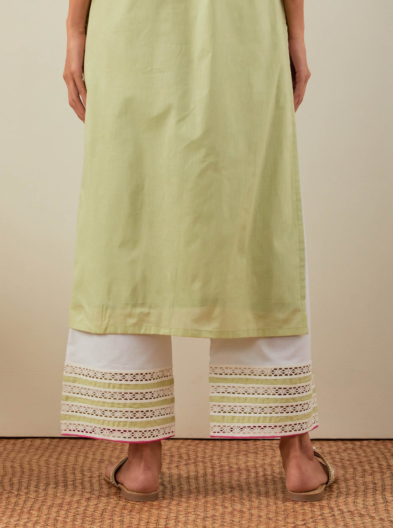 Green Plain Rozana Straight Kurta With Chikankari Placket and Palazzo with wide lace detail (Set of 2) - The Indian Cause