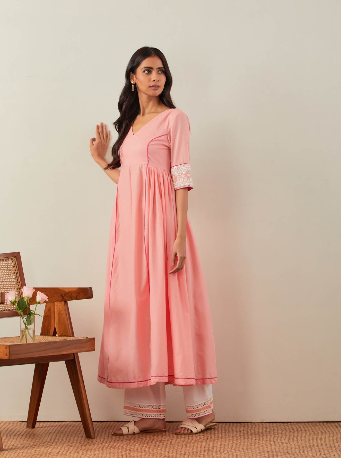 Peach Plain Markab Anarkali Kurta With Chikankari Border - The Indian Cause