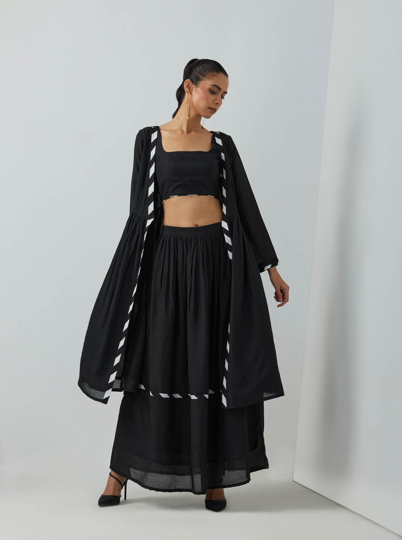 Black Chanderi Zade Bralette With Full Length Skirt And Overlay