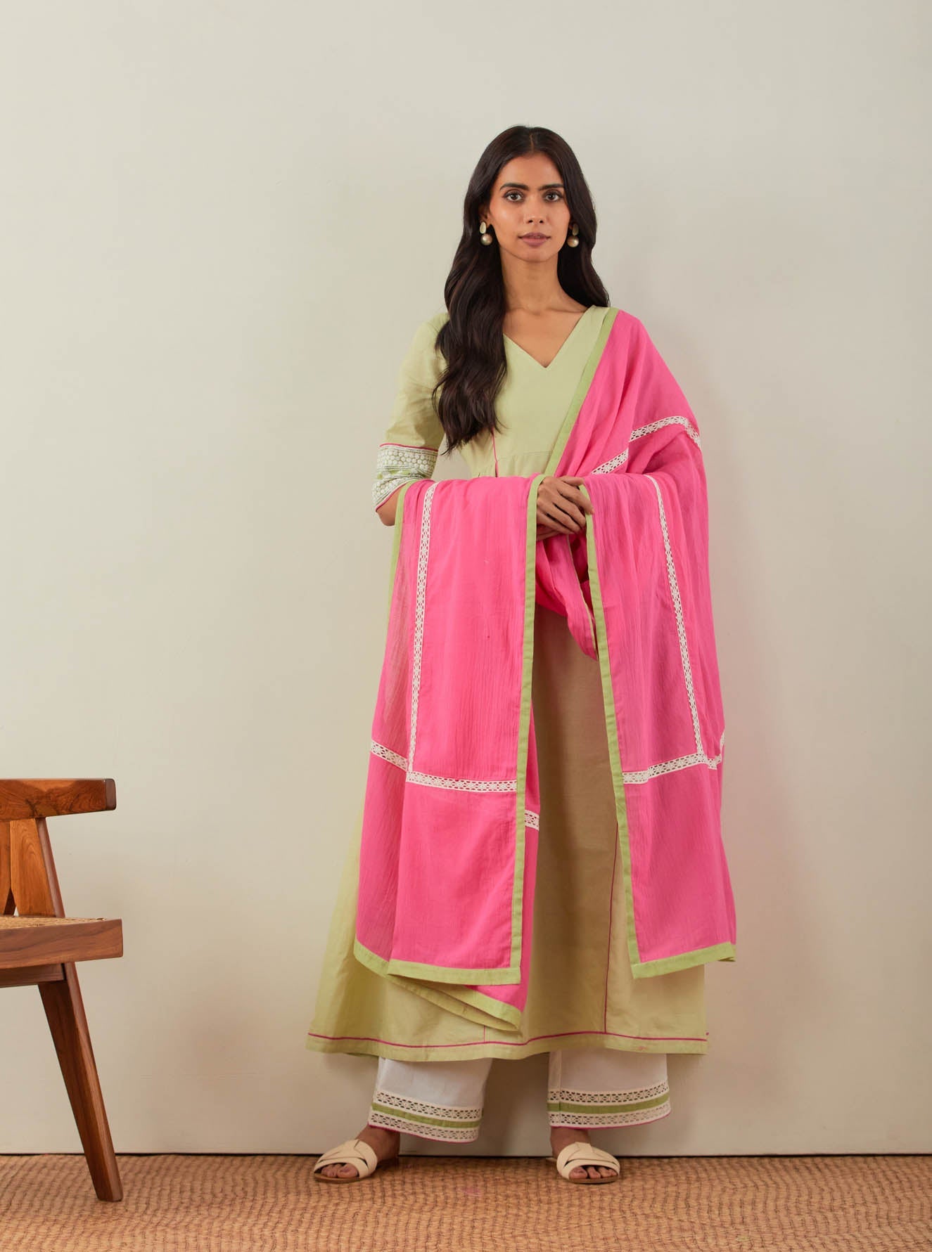 Green Plain Markab Anarkali Kurta With Chikankari Border and Palazzo with lace detail (Set of 2) - The Indian Cause