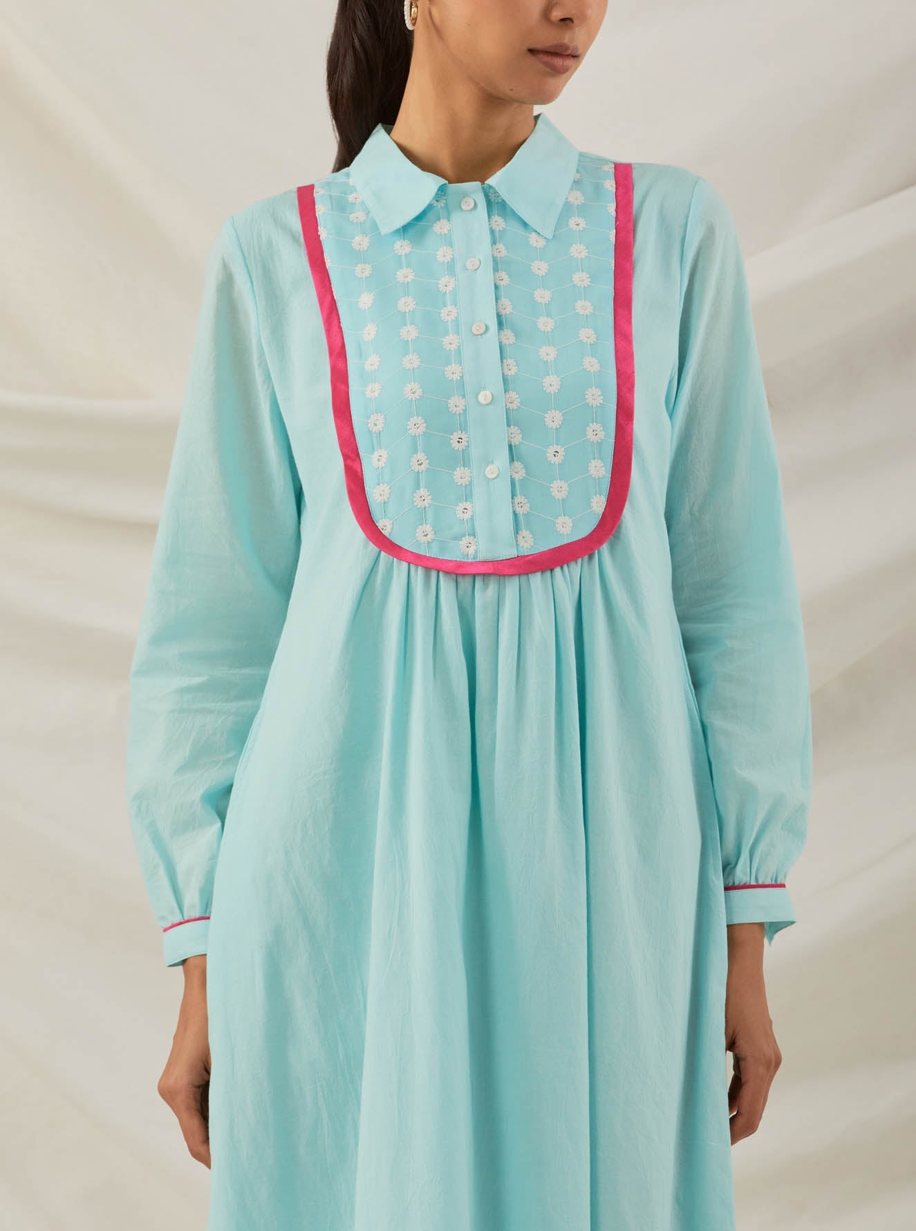 Blue Plain Zaid Collared Long Dress With Chikankari Yoke - The Indian Cause