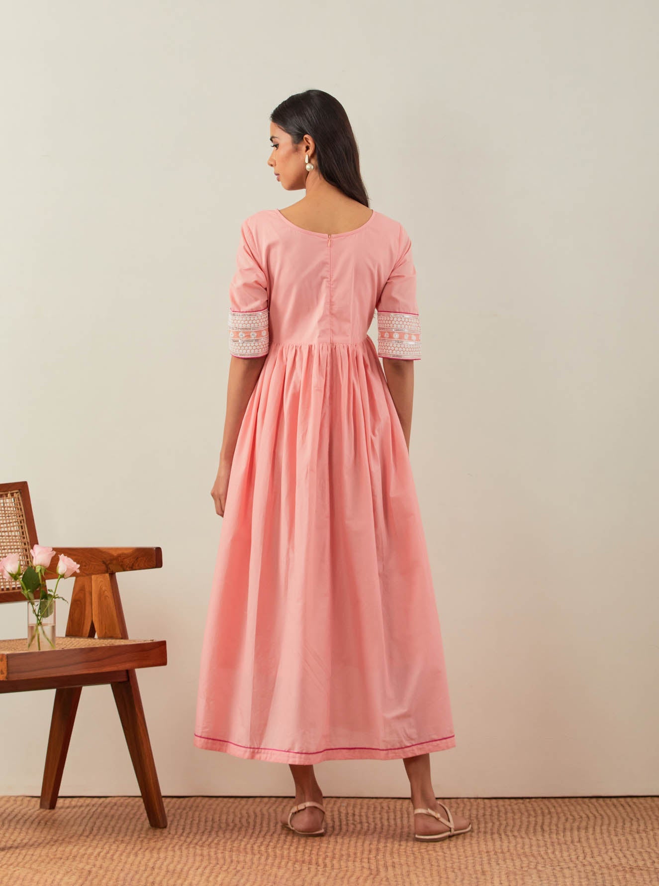 Peach Plain Markab Anarkali Dress With Chikankari Border - The Indian Cause