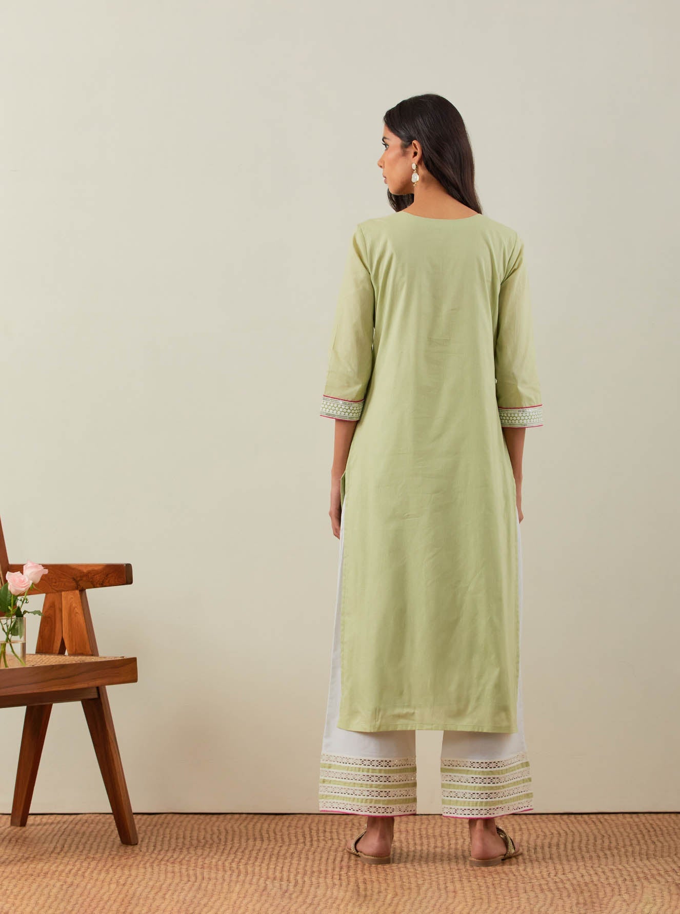 Green Plain Rozana Straight Kurta With Chikankari Placket and Palazzo with wide lace detail (Set of 2) - The Indian Cause