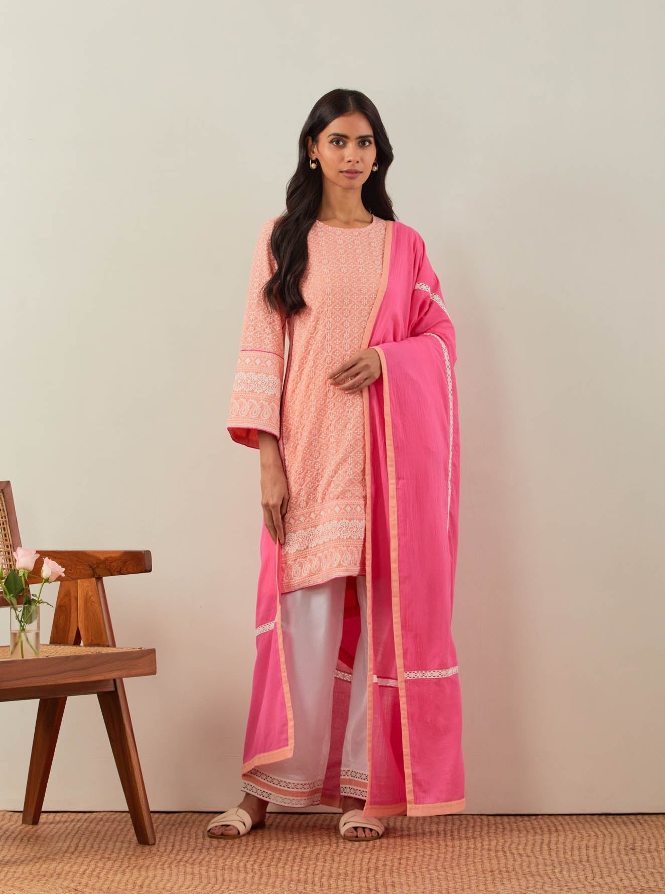 Peach Chikankari Pak Wide Arm Kurta - The Indian Cause