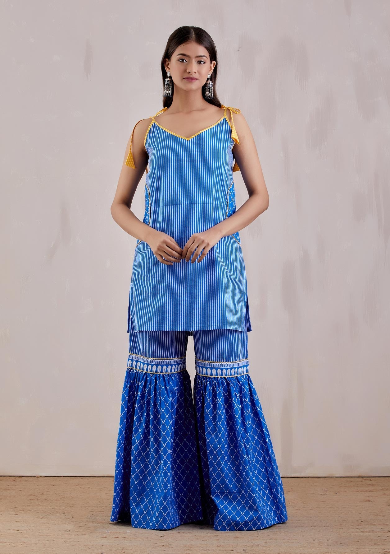 Blue Cotton Printed Strappy Kurta with Sharara and Dupatta (Set of 3) - The Indian Cause