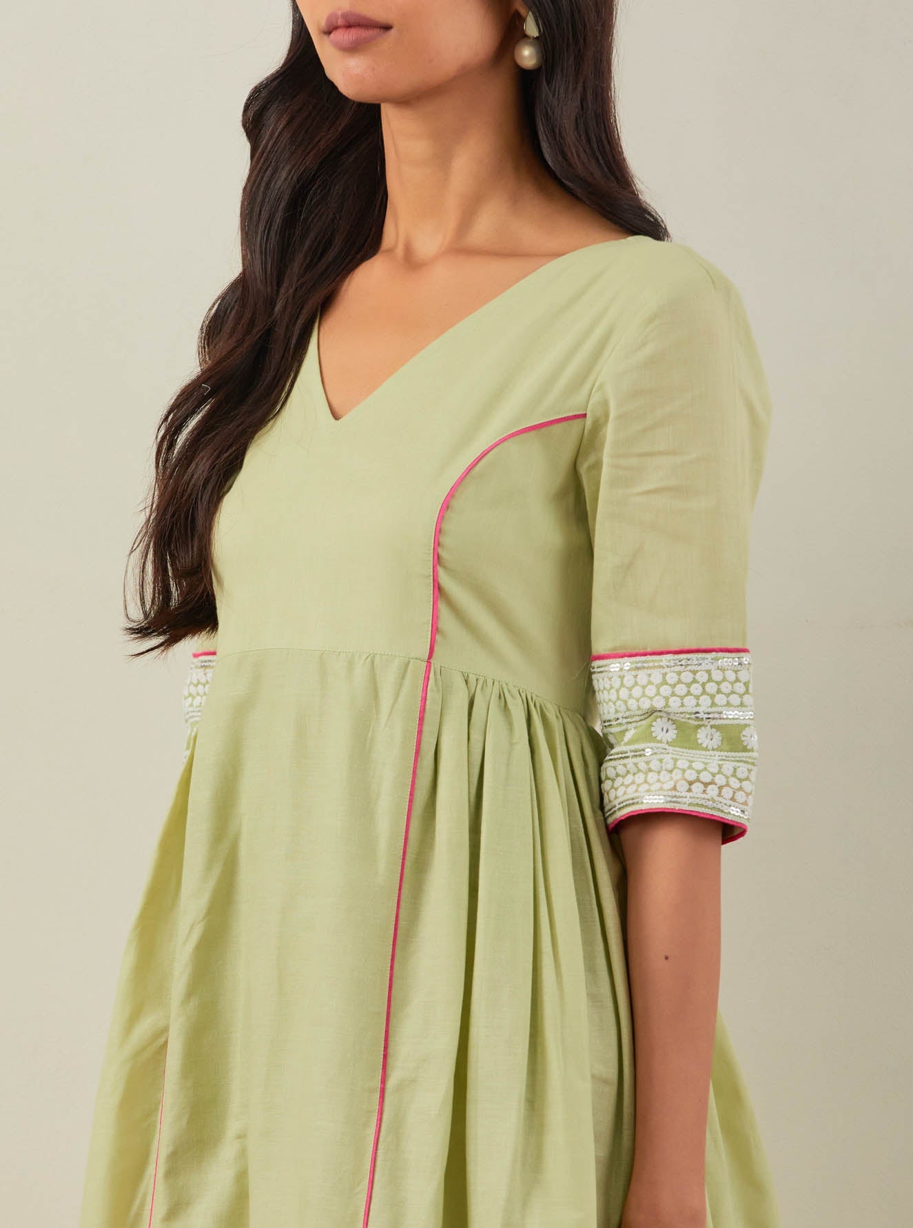 Green Plain Markab Anarkali Dress With Chikankari Border - The Indian Cause