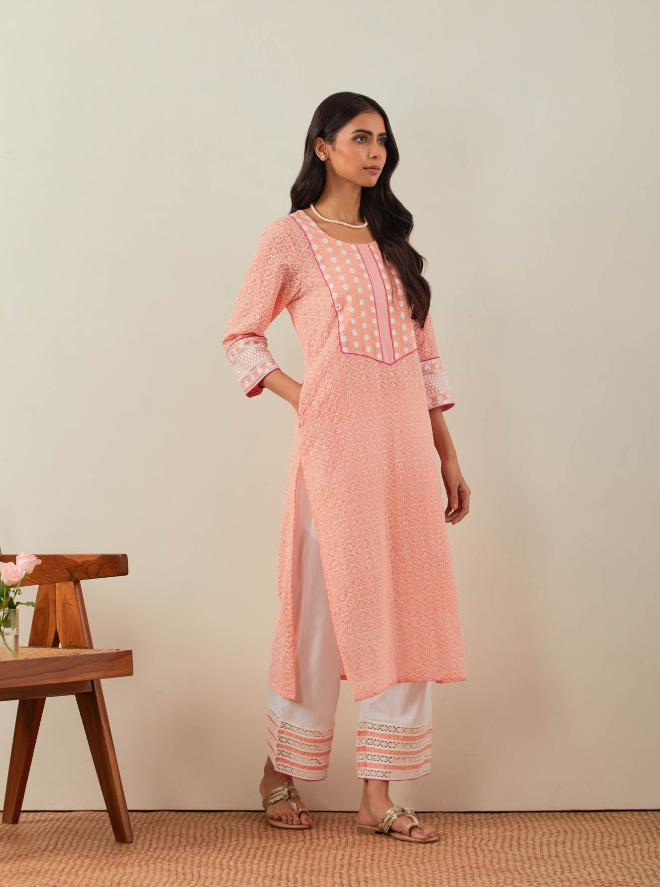 Peach Chikankari Rooh Straight Kurta and Palazzo with wide lace detail & Dupatta (Set of 3) - The Indian Cause