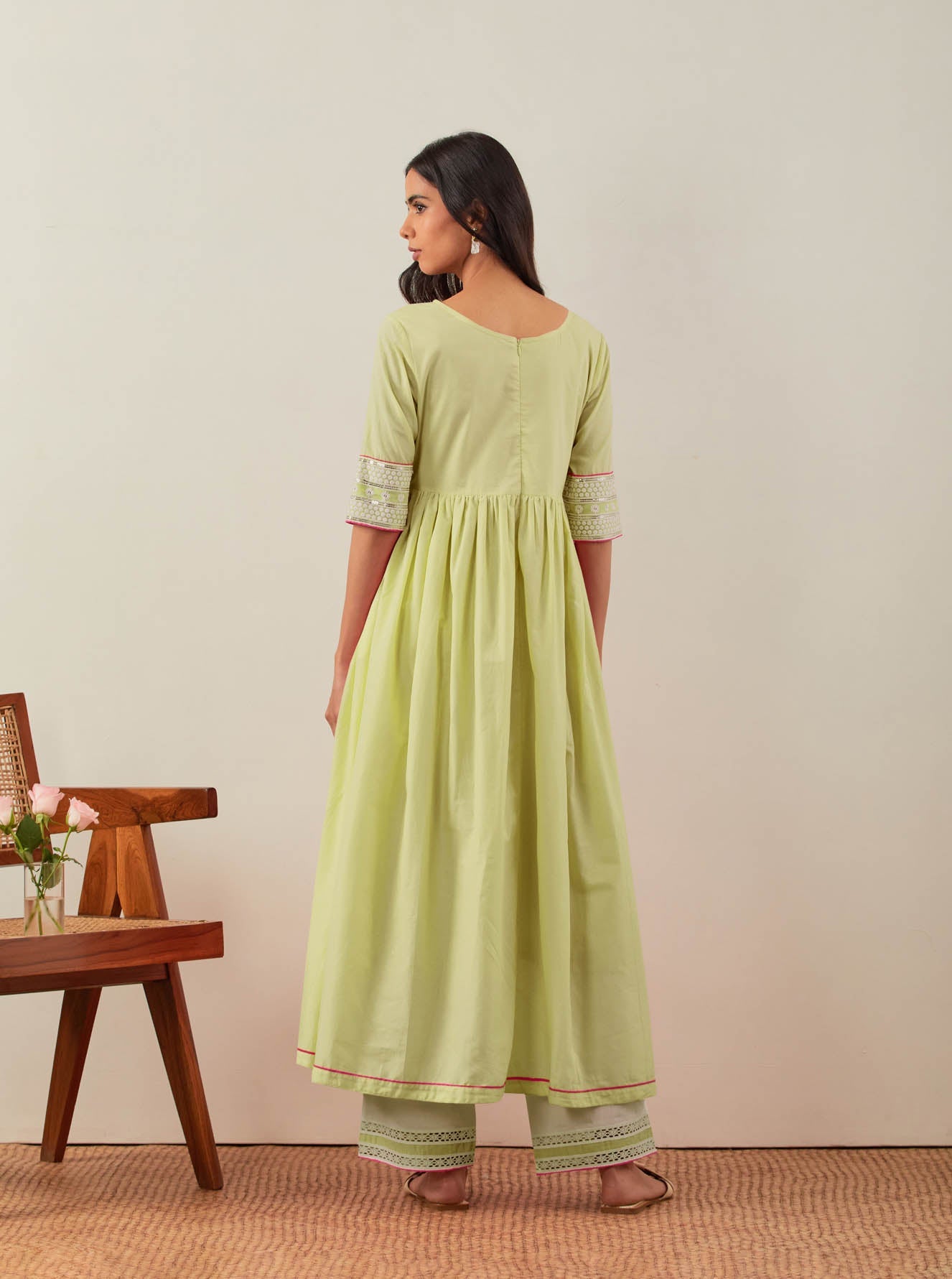 Green Plain Markab Anarkali Kurta With Chikankari Border and Palazzo with lace detail (Set of 2) - The Indian Cause