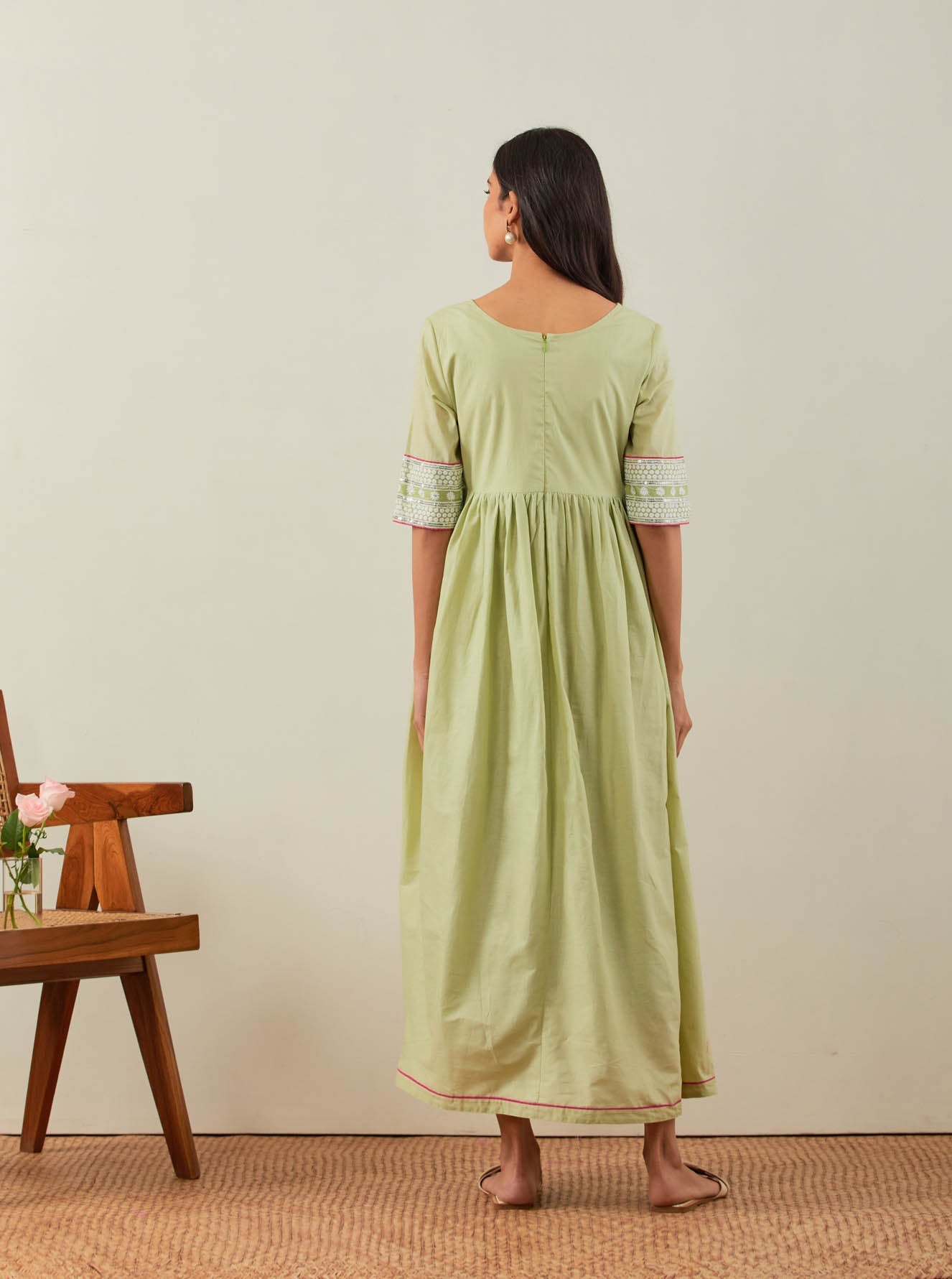 Green Plain Markab Anarkali Dress With Chikankari Border - The Indian Cause