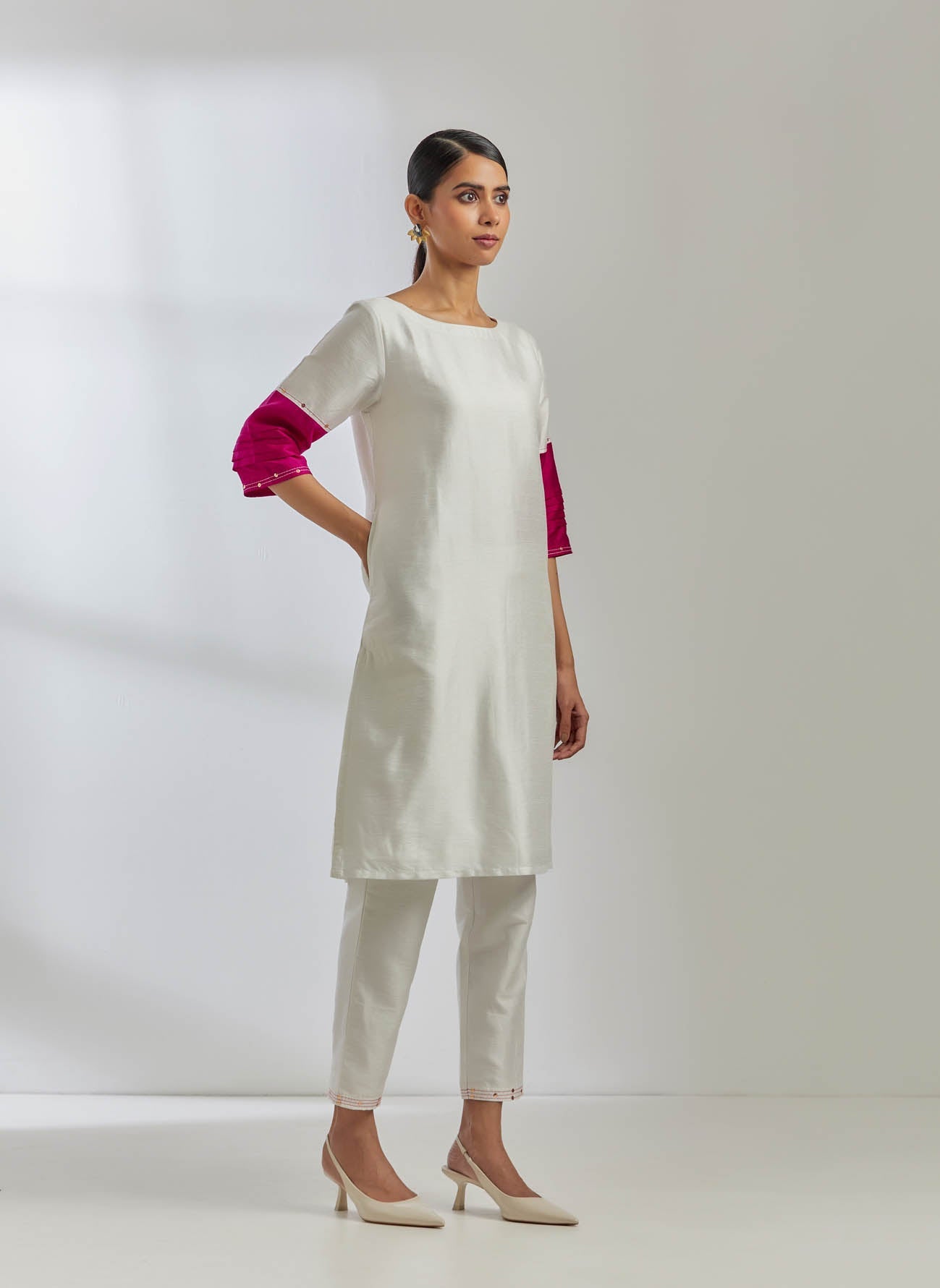 White Raw Silk Jenifer Kurta With White Pant (Set Of 2) - The Indian Cause