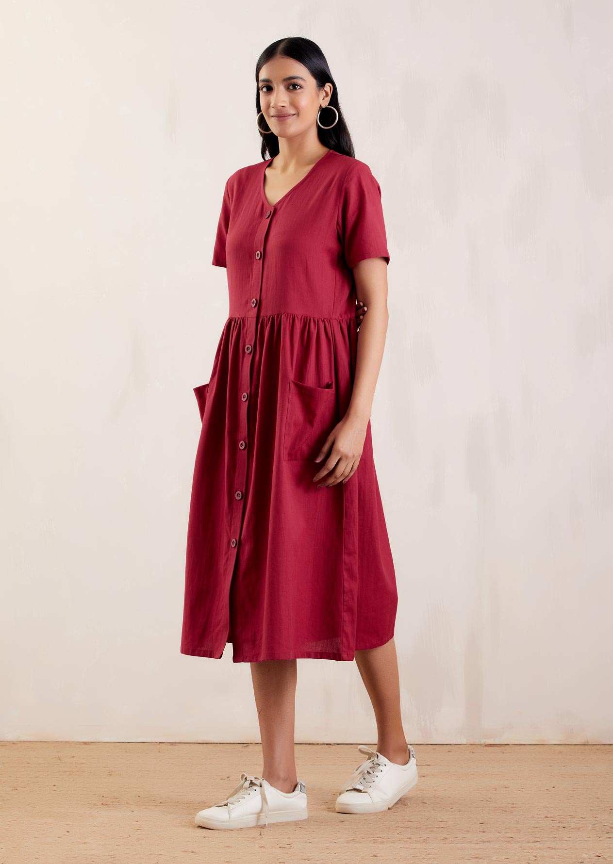 Red Cotton Long Shirt Dress - The Indian Cause