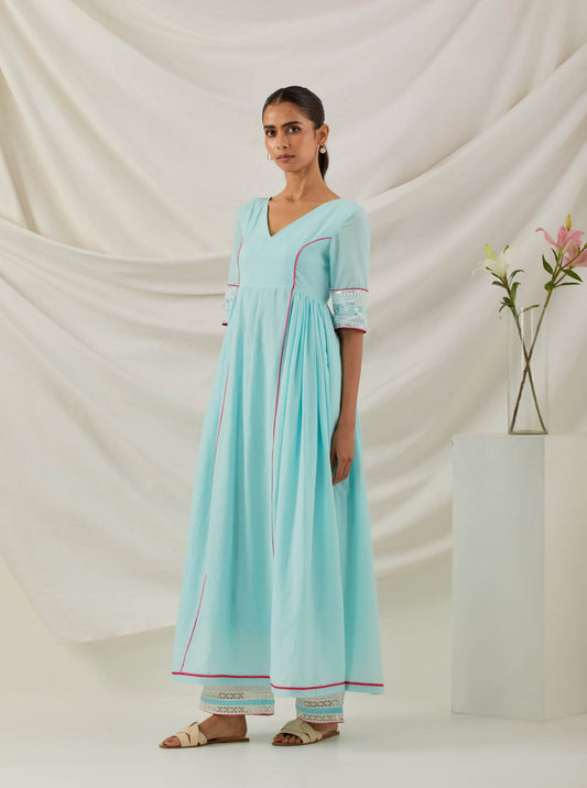 Blue Plain Markab Anarkali Kurta With Chikankari Border and Palazzo with lace detail (Set of 2) - The Indian Cause