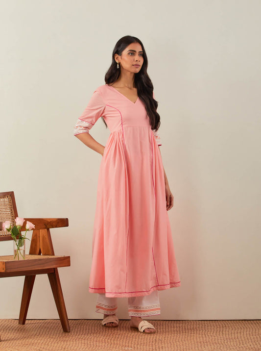 Peach Plain Markab Anarkali Kurta With Chikankari Border and Palazzo with lace detail (Set of 2) - The Indian Cause