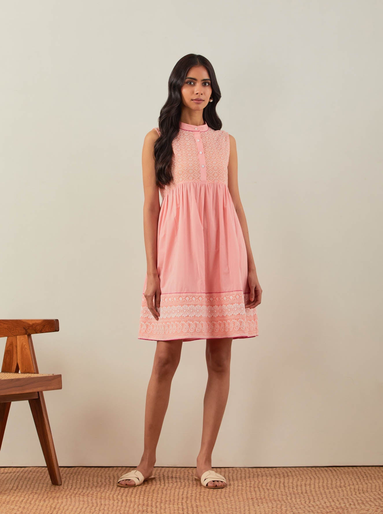 Peach Amore Placket Short Dress With Chikankari Detail - The Indian Cause