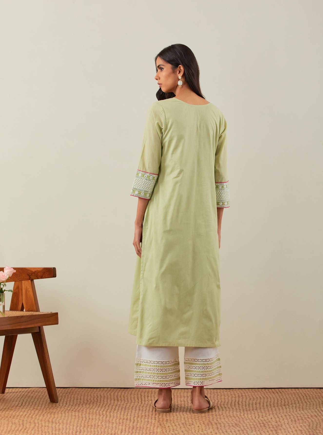 Green Plain Rooh Straight Kurta With Chikankari Yoke Details - The Indian Cause