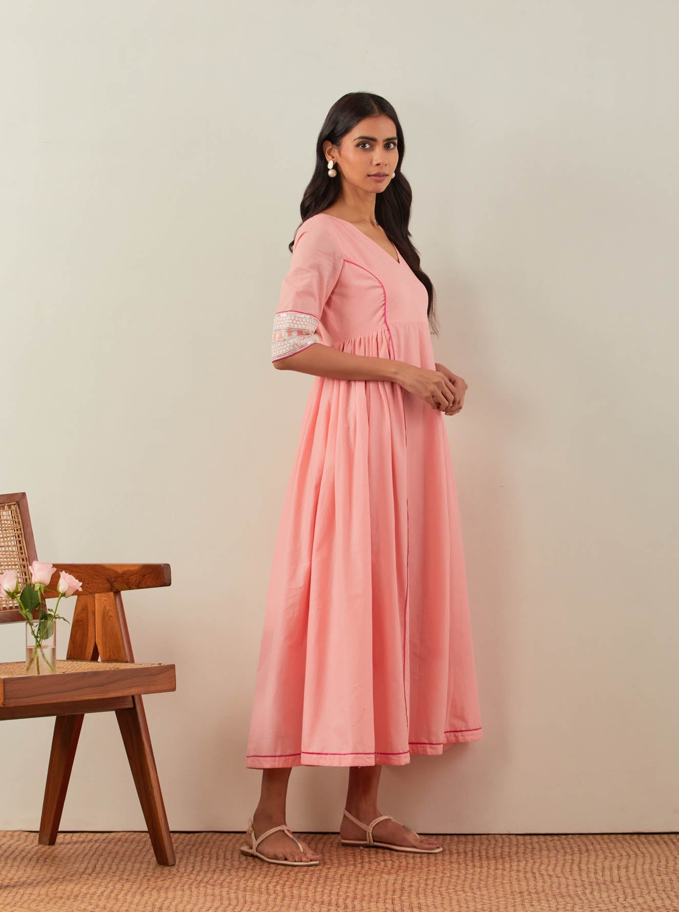 Peach Plain Markab Anarkali Dress With Chikankari Border - The Indian Cause