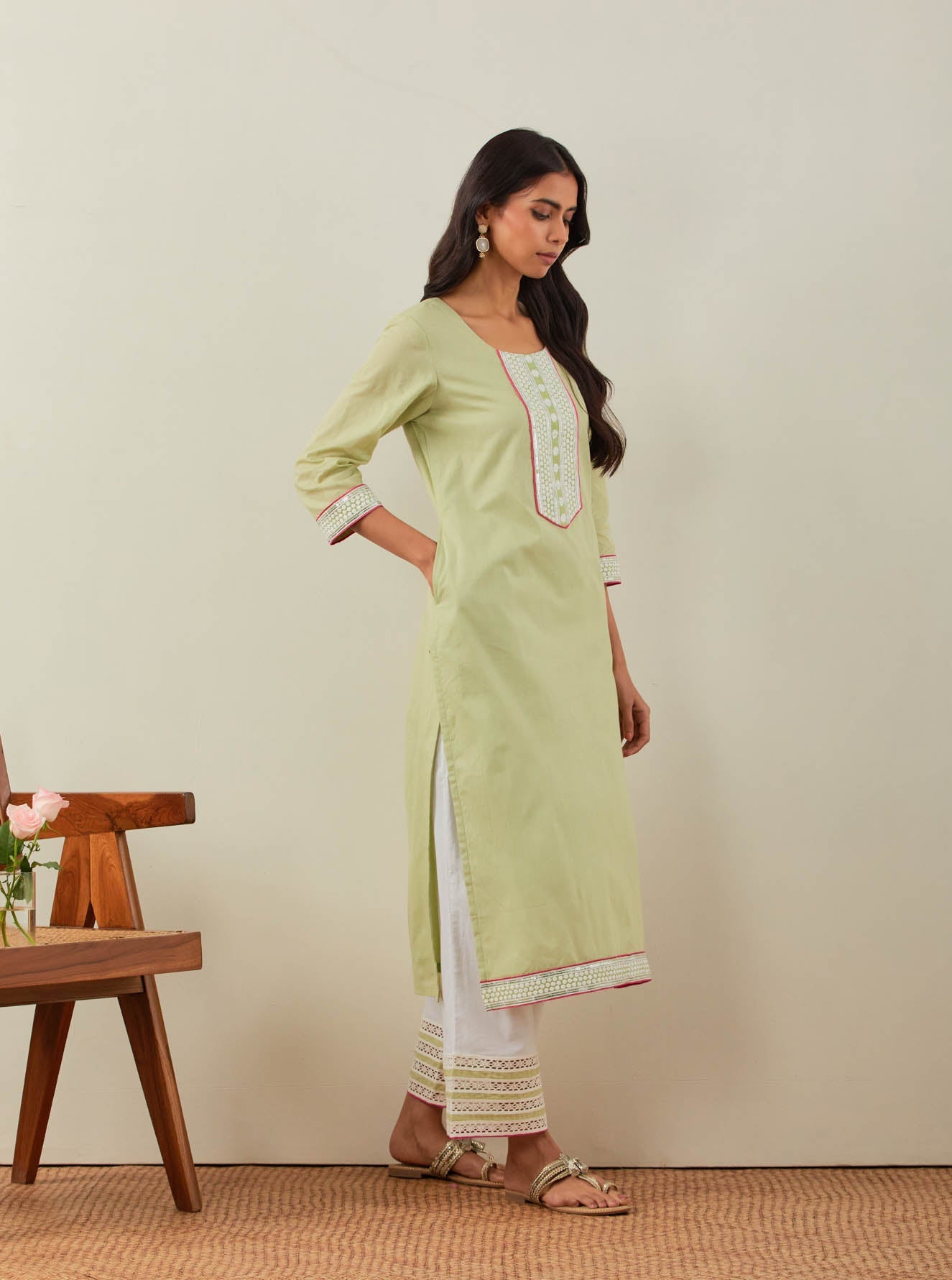 Green Plain Rozana Straight Kurta With Chikankari Placket and Palazzo with wide lace detail (Set of 2) - The Indian Cause