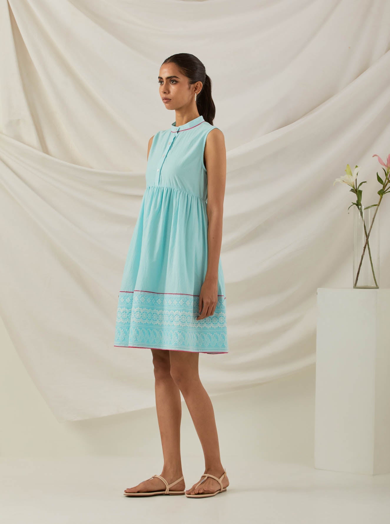 Blue Plain Amore Placket Short Dress With Chikankari Border - The Indian Cause