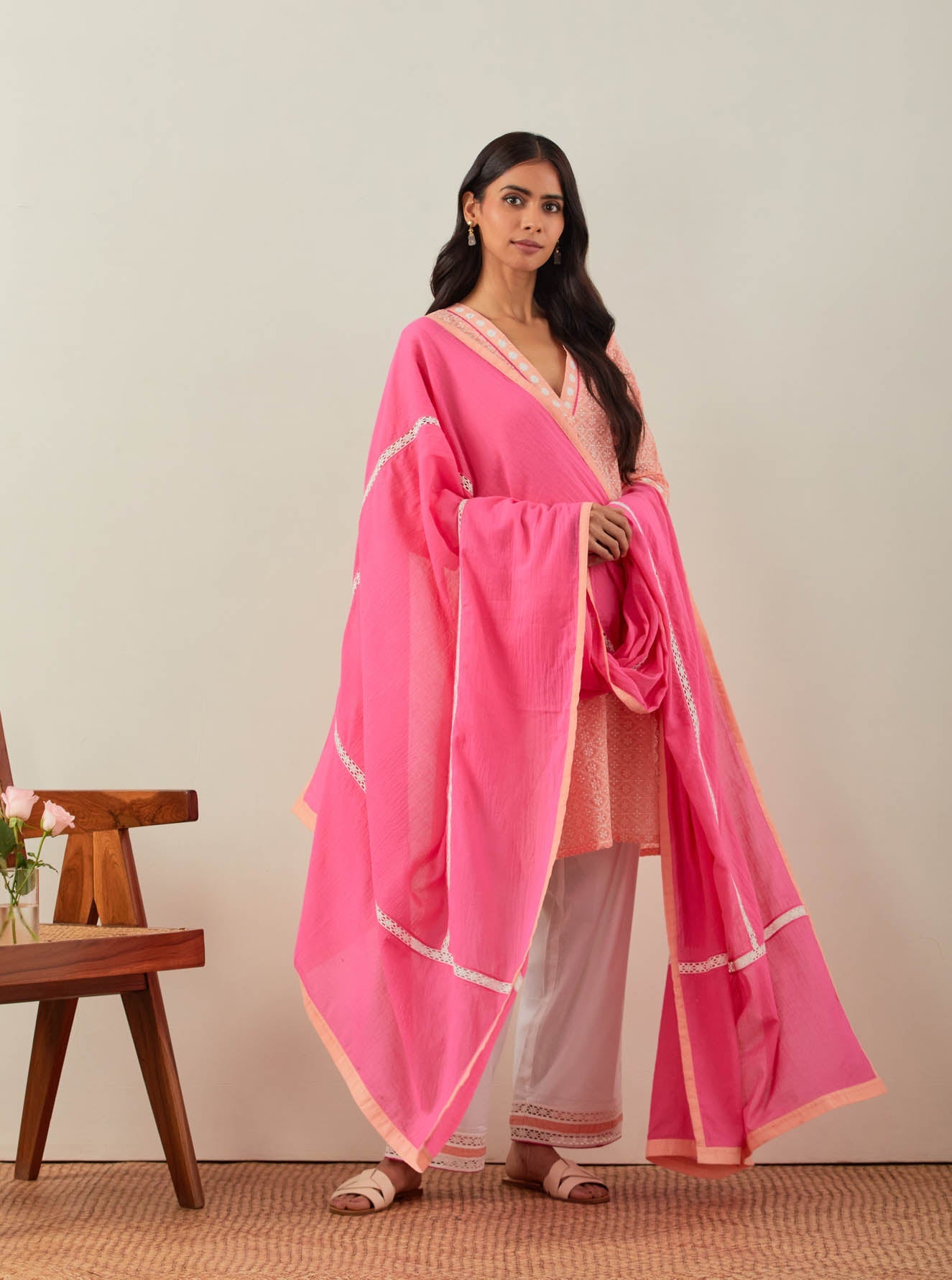 Peach Chikankari Kali Short Kurta and Palazzo with lace detail (Set of 2) - The Indian Cause