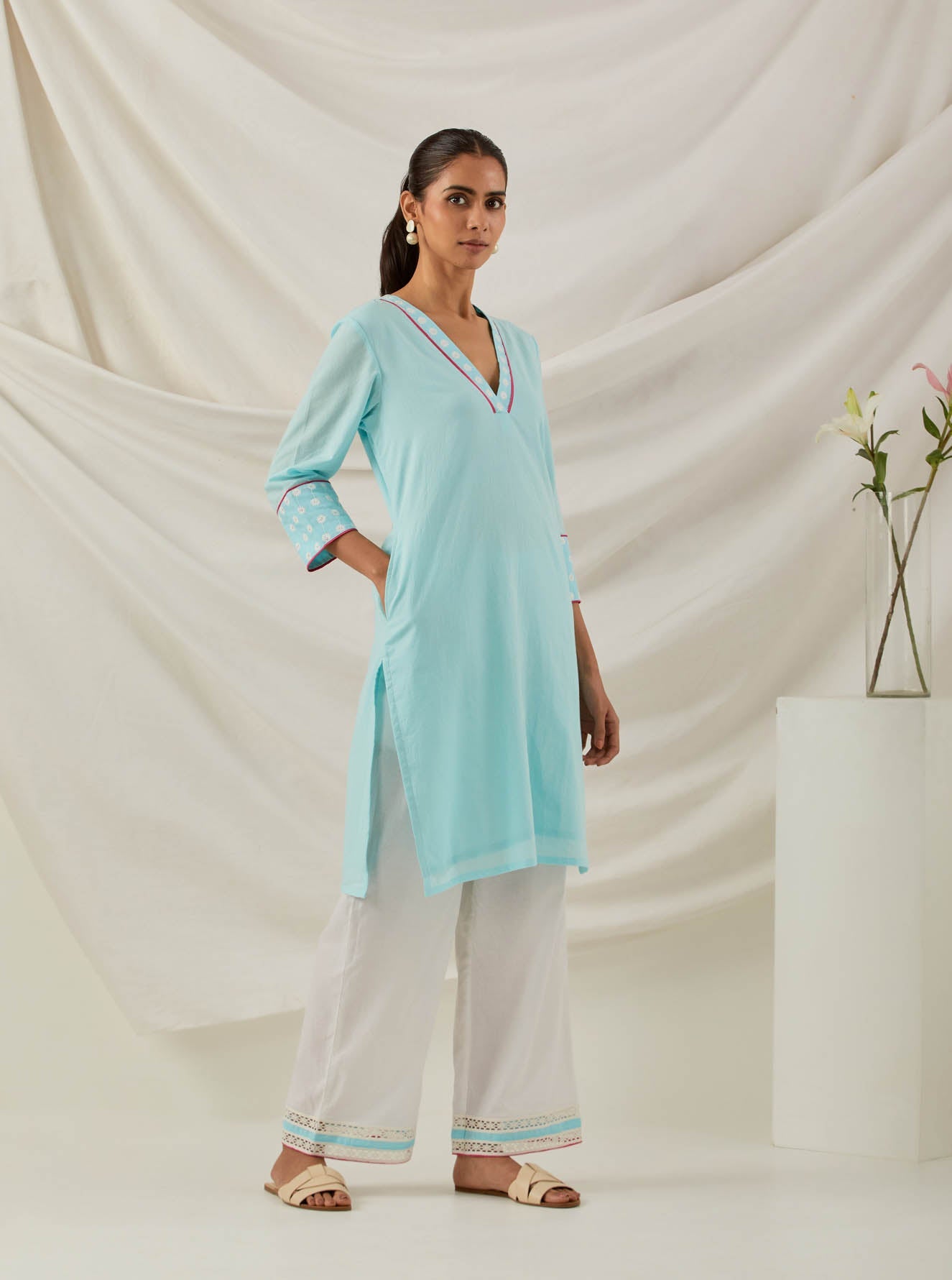 Blue Plain Kali Short Kurta With Chikankari Detail - The Indian Cause