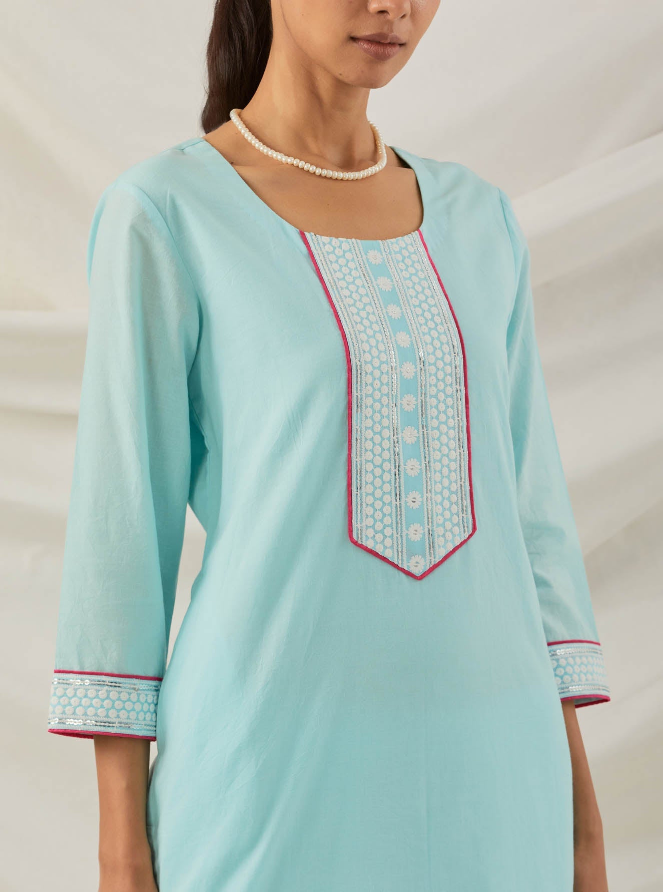Blue Plain Rozana Straight Kurta With Chikankari Placket - The Indian Cause