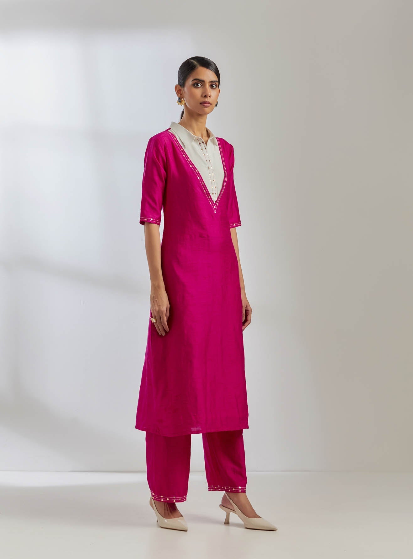 Pink Raw Silk Collared Kurta With Pink Palazzo (Set Of 2) - The Indian Cause
