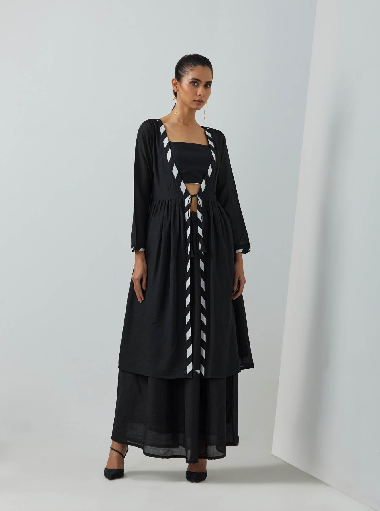 Black Chanderi Zade Bralette With Full Length Skirt And Overlay (Set Of 3) - The Indian Cause