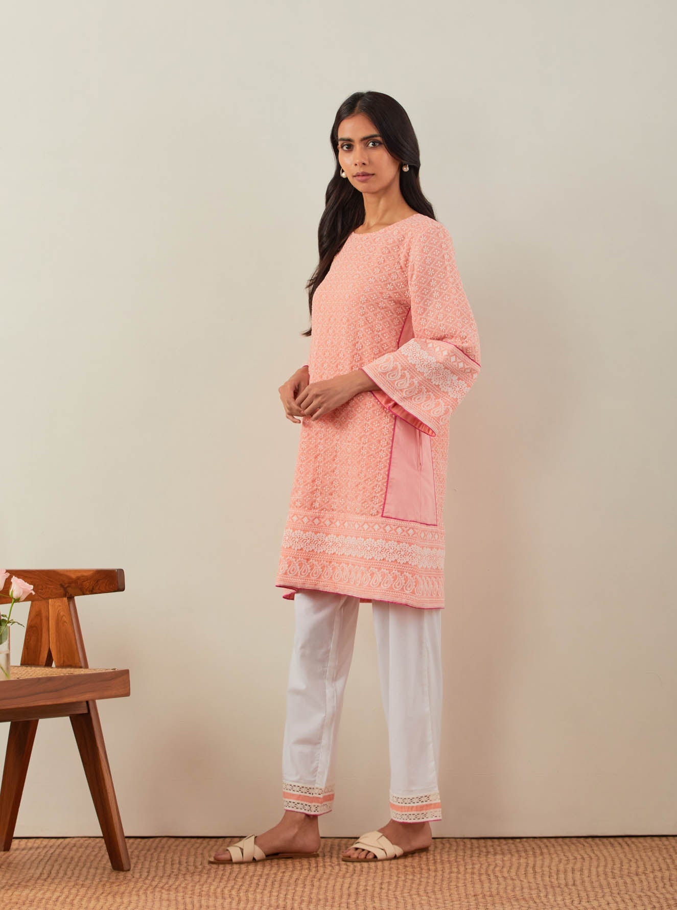 Peach Chikankari Pak Wide Arm Kurta - The Indian Cause
