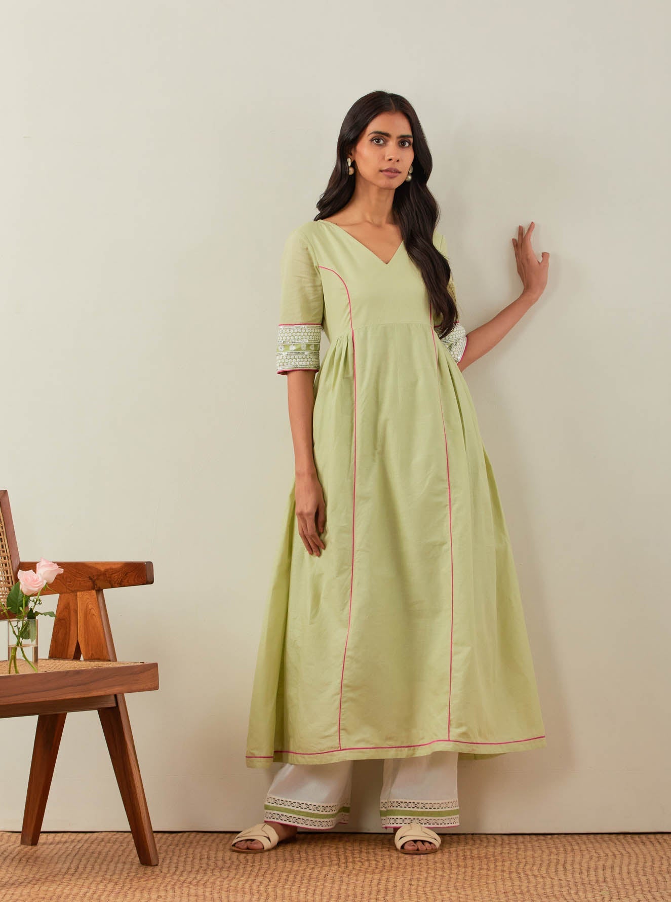 Green Plain Markab Anarkali Kurta With Chikankari Border and Palazzo with lace detail (Set of 2) - The Indian Cause