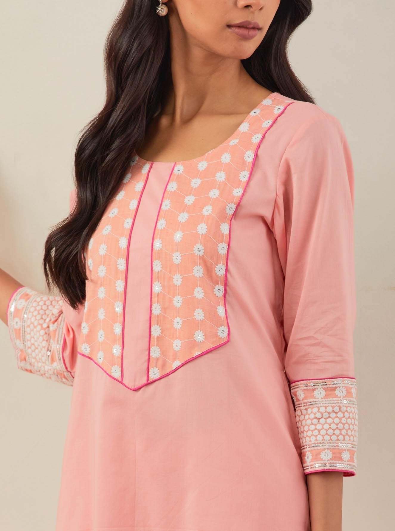 Peach Plain Rooh Straight Kurta With Chikankari Yoke Details - The Indian Cause