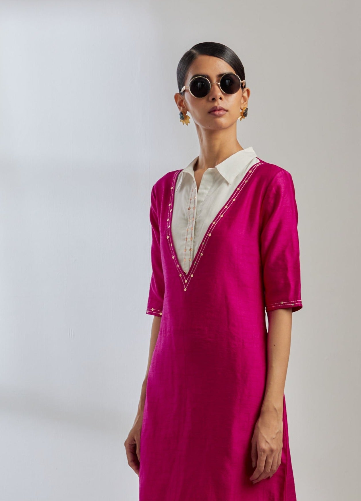 Pink Raw Silk Collared Kurta With Pink Palazzo (Set Of 2) - The Indian Cause
