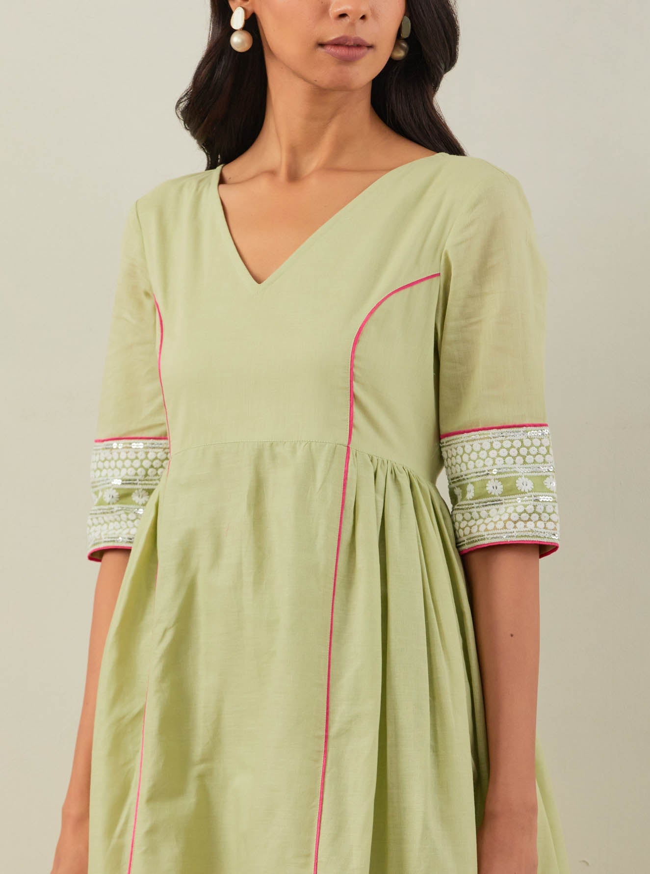 Green Plain Markab Anarkali Kurta With Chikankari Border and Palazzo with lace detail (Set of 2) - The Indian Cause