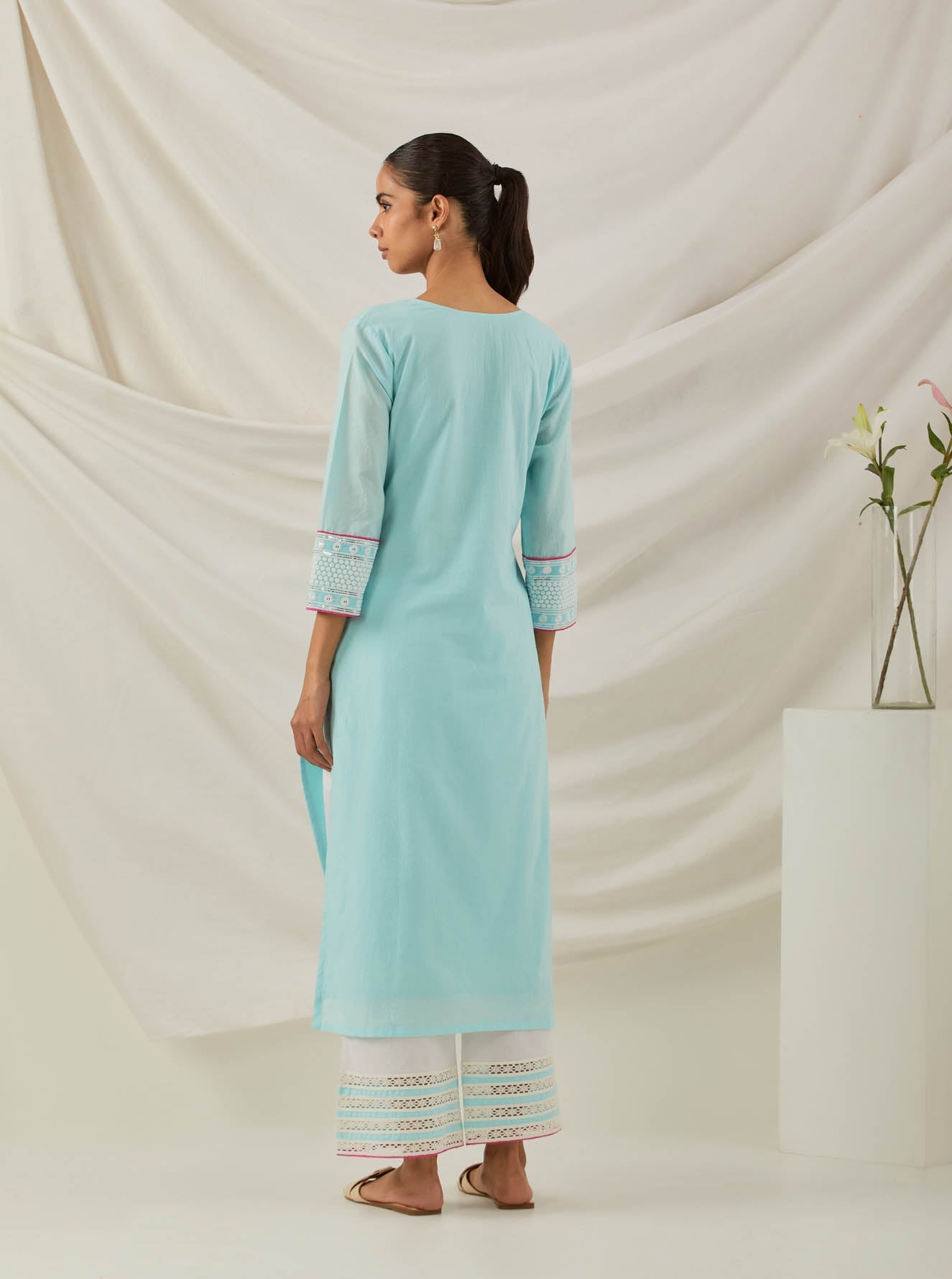 Blue Plain Rooh Straight Kurta With Chikankari Yoke Details - The Indian Cause