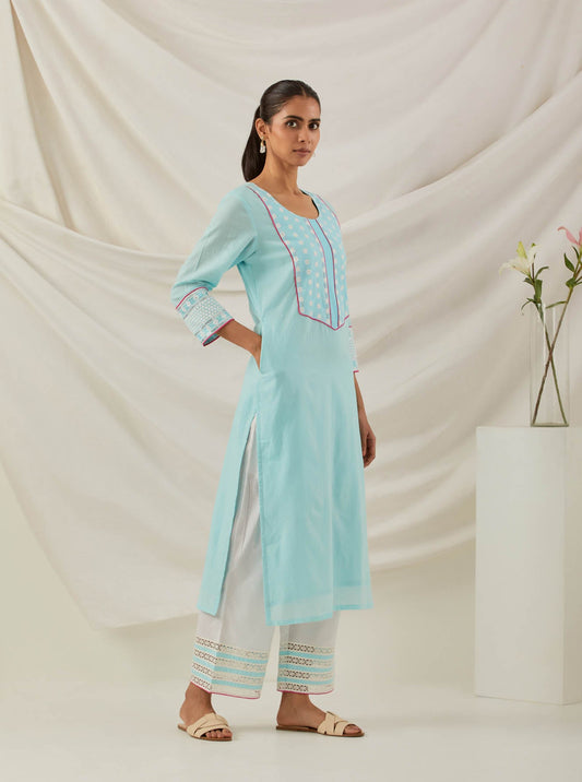 Blue Plain Rooh Straight Kurta With Chikankari Yoke Details and Palazzo with wide lace detail (Set of 2) - The Indian Cause