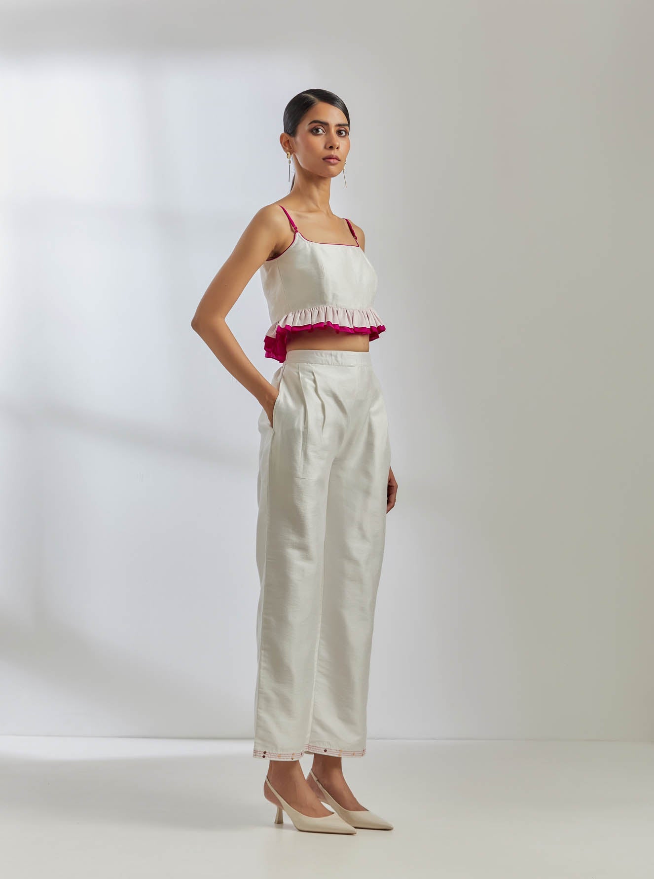 White Raw Silk Rigel Top With White Palazzo (Set Of 2) - The Indian Cause