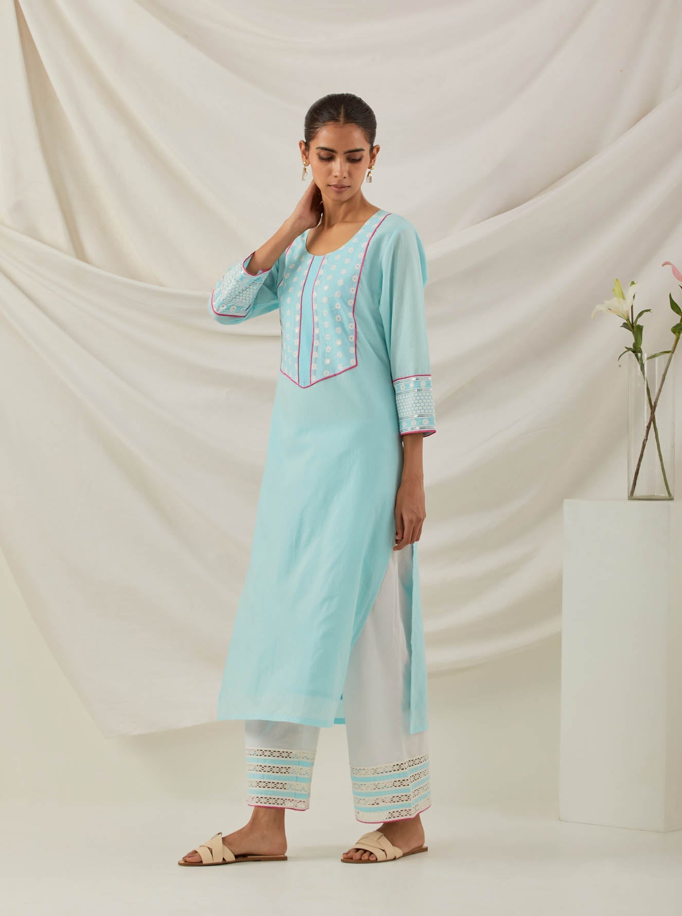 Blue Plain Rooh Straight Kurta With Chikankari Yoke Details - The Indian Cause