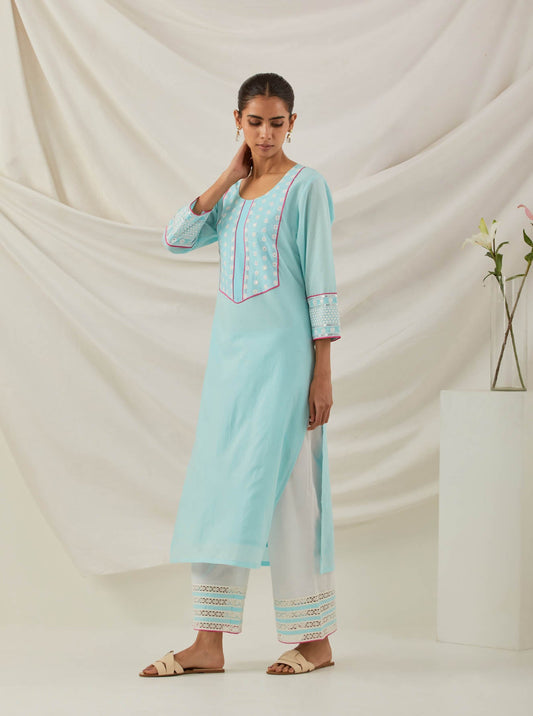 Blue Plain Rooh Straight Kurta With Chikankari Yoke Details - The Indian Cause