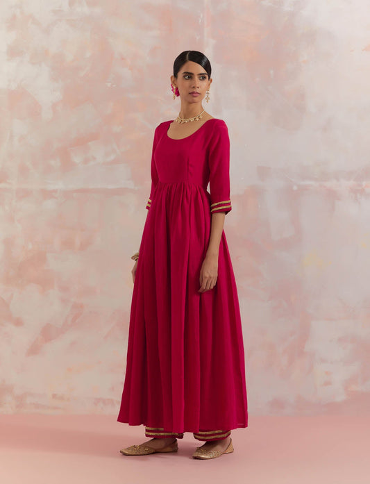 Red Afreen Gathered Anarkali Kurta With Pant (Set Of 2) - The Indian Cause