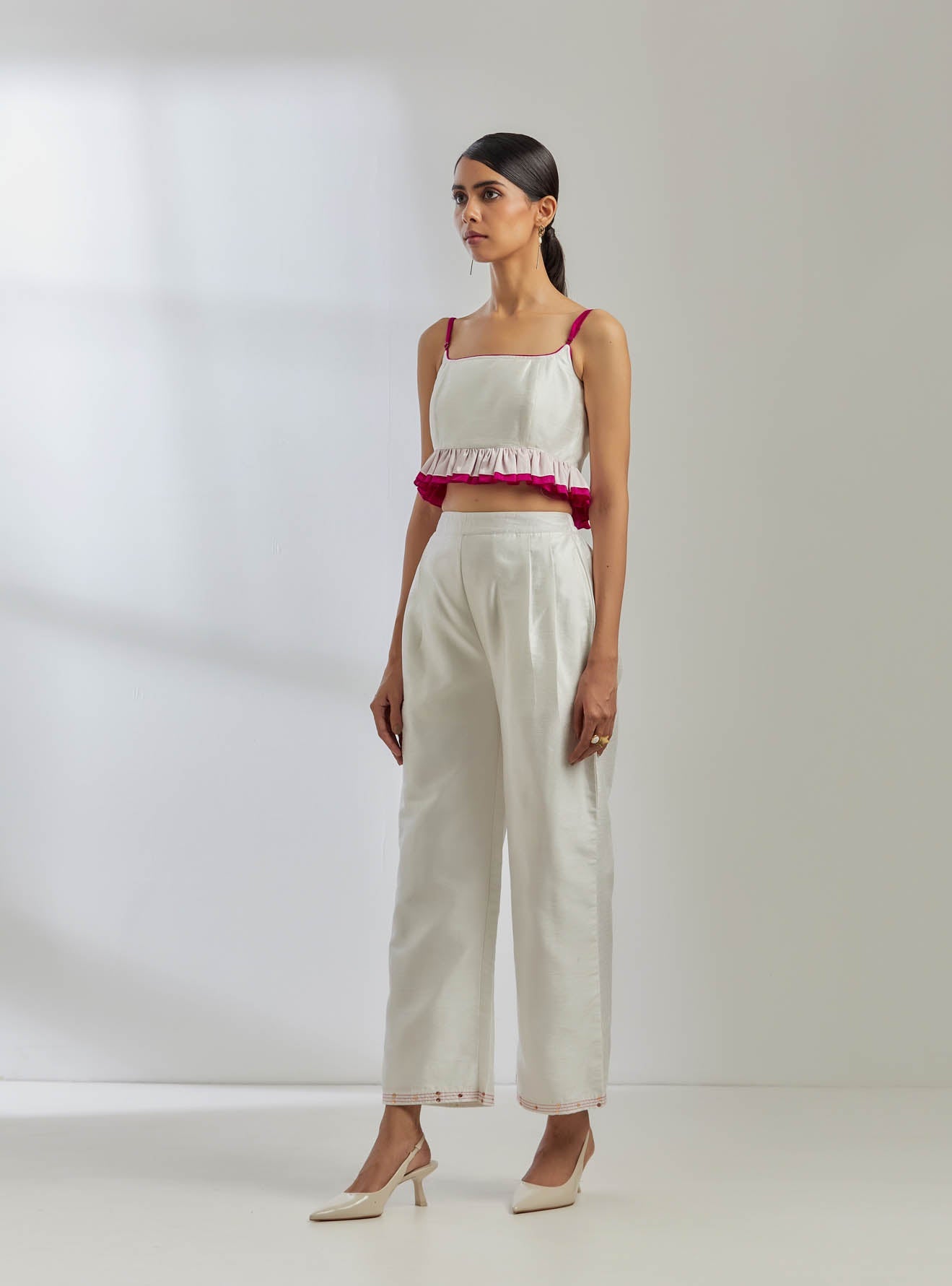 White Raw Silk Rigel Top With White Palazzo (Set Of 2) - The Indian Cause