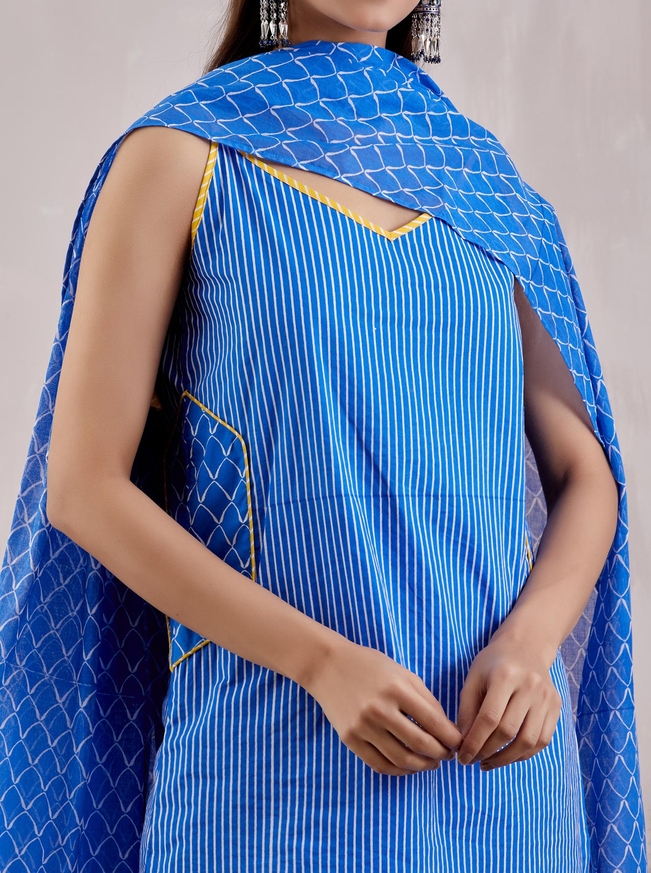 Blue Cotton Printed Strappy Kurta with Sharara and Dupatta (Set of 3) - The Indian Cause