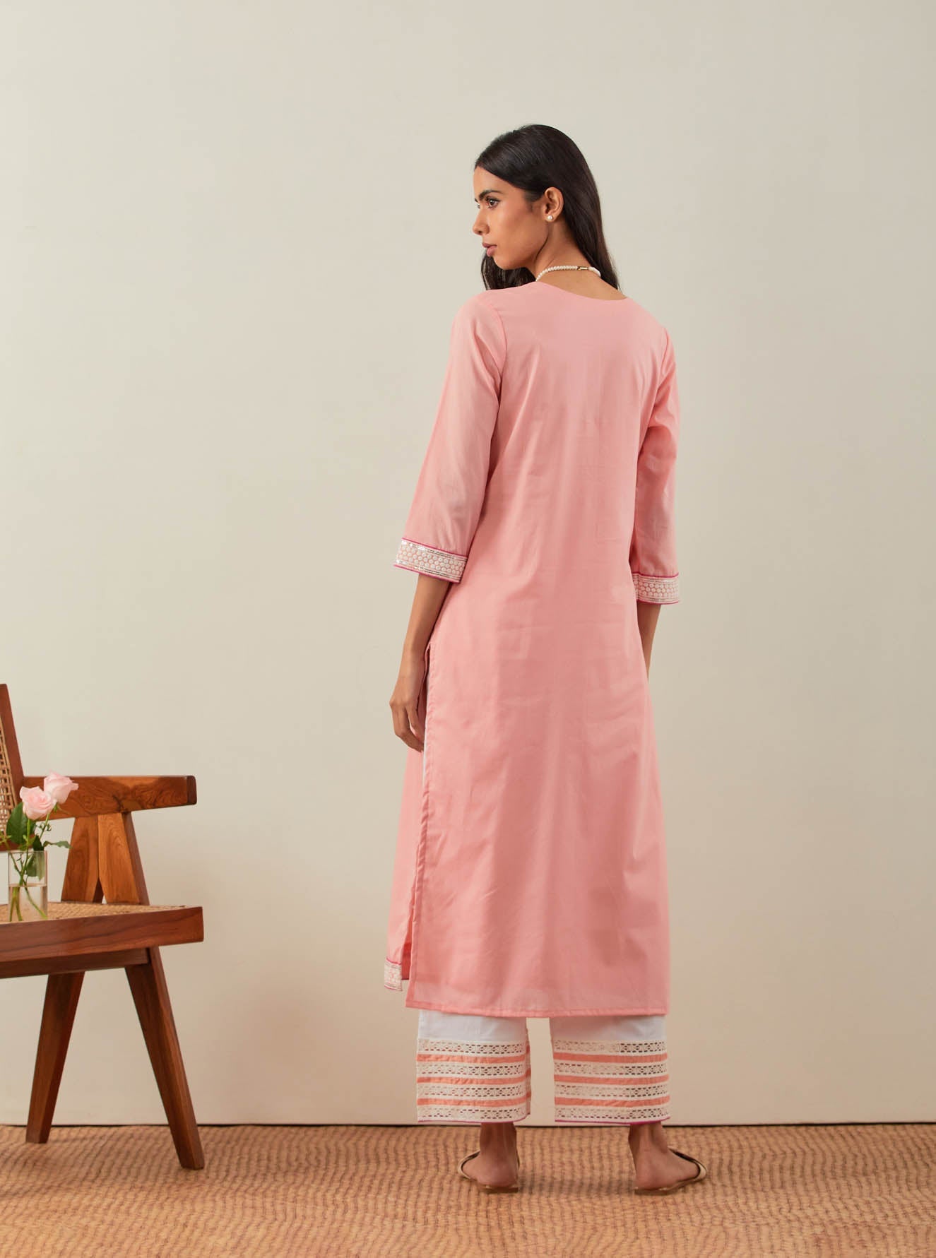 Peach Plain Rozana Straight Kurta With Chikankari Placket - The Indian Cause